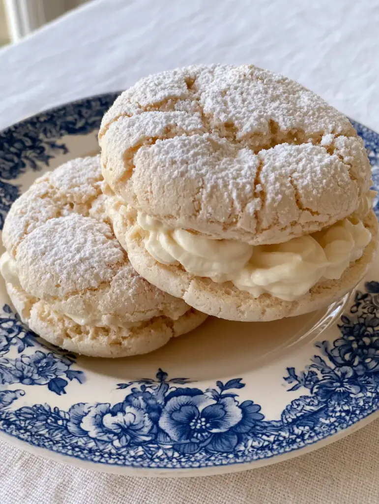 Side view of Almond Dacquoise Cookies showing the thick layer of smooth white toasted almond cream filling.