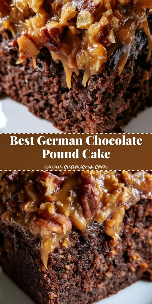 German Chocolate Pecan Pound Cake: The Ultimate Moist and Decadent Loaf 4 A thick rectangular slice of German Chocolate Pecan Pound Cake with a moist dark chocolate crumb and a chunky caramel coconut pecan topping.