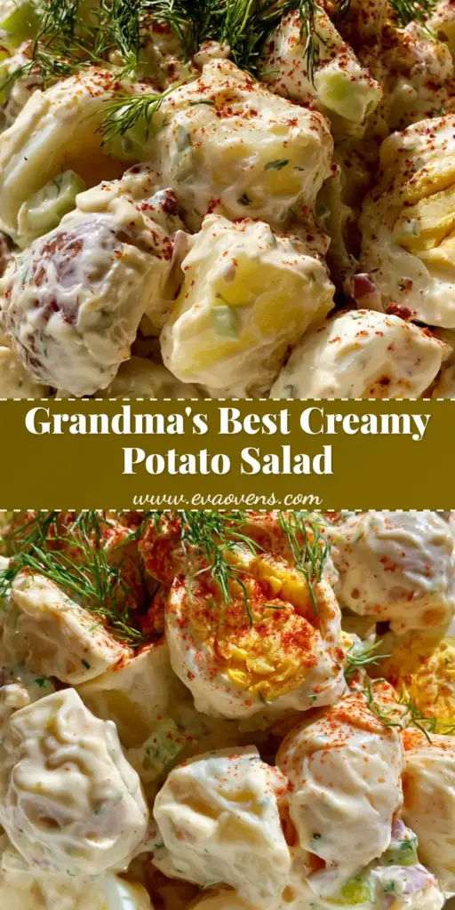 A handheld smartphone photo of a white ceramic bowl filled with chunky Classic Creamy Potato Salad topped with dill and paprika.