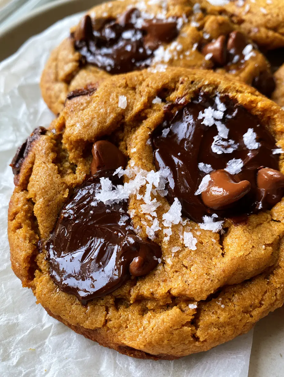Overhead view of Brown Butter Pumpkin Chocolate Chip Cookies showing the rich orange-tan dough and melted chocolate chunks.