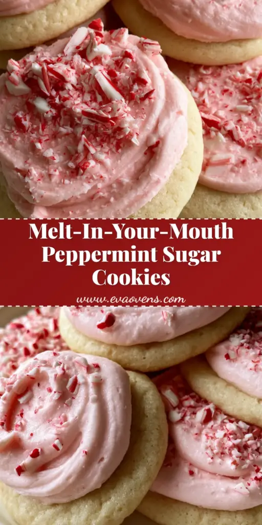 Peppermint Sugar Cookies with Thick Pink Buttercream Frosting 4 A stack of thick, soft-baked Peppermint Sugar Cookies with pastel pink frosting and crushed candy canes on a white plate.