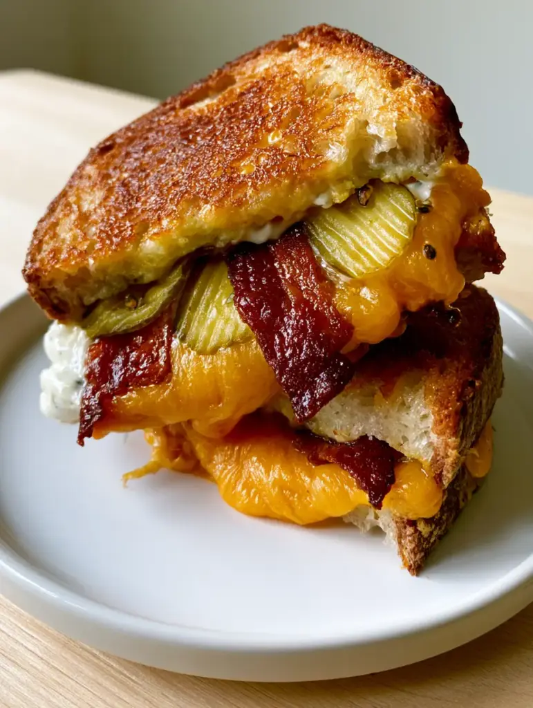 A diagonal cut of a Dill Pickle Grilled Cheese on a white plate with a dollop of ranch dressing.