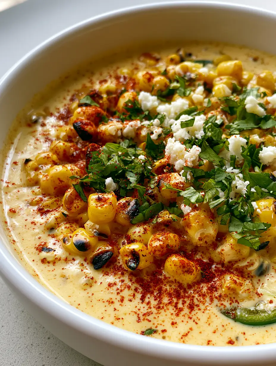 Close up of creamy pale yellow Mexican Street Corn Chowder with visible charred corn kernels and smoked paprika dusting.