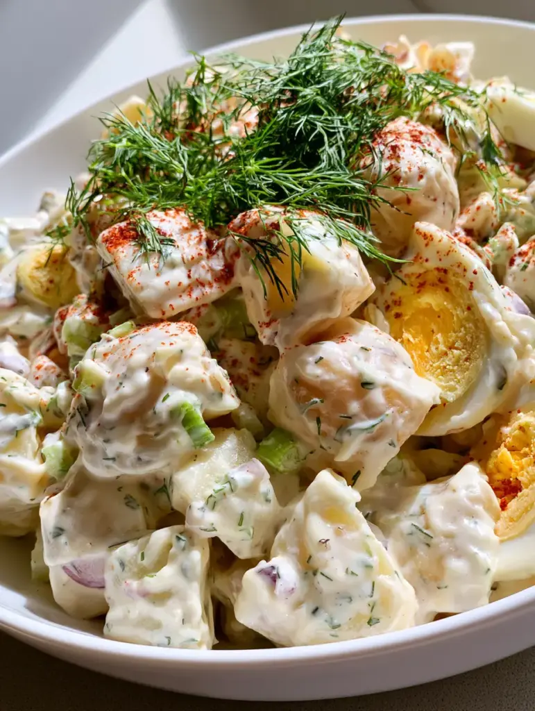 Close up of potato salad cubes in a white bowl with visible egg yolks and glossy ivory dressing. (Classic Creamy Potato Salad)