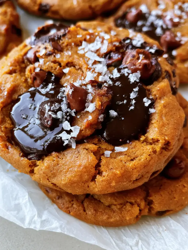 A stack of Brown Butter Pumpkin Chocolate Chip Cookies highlighting the golden-brown edges and craggy surface.