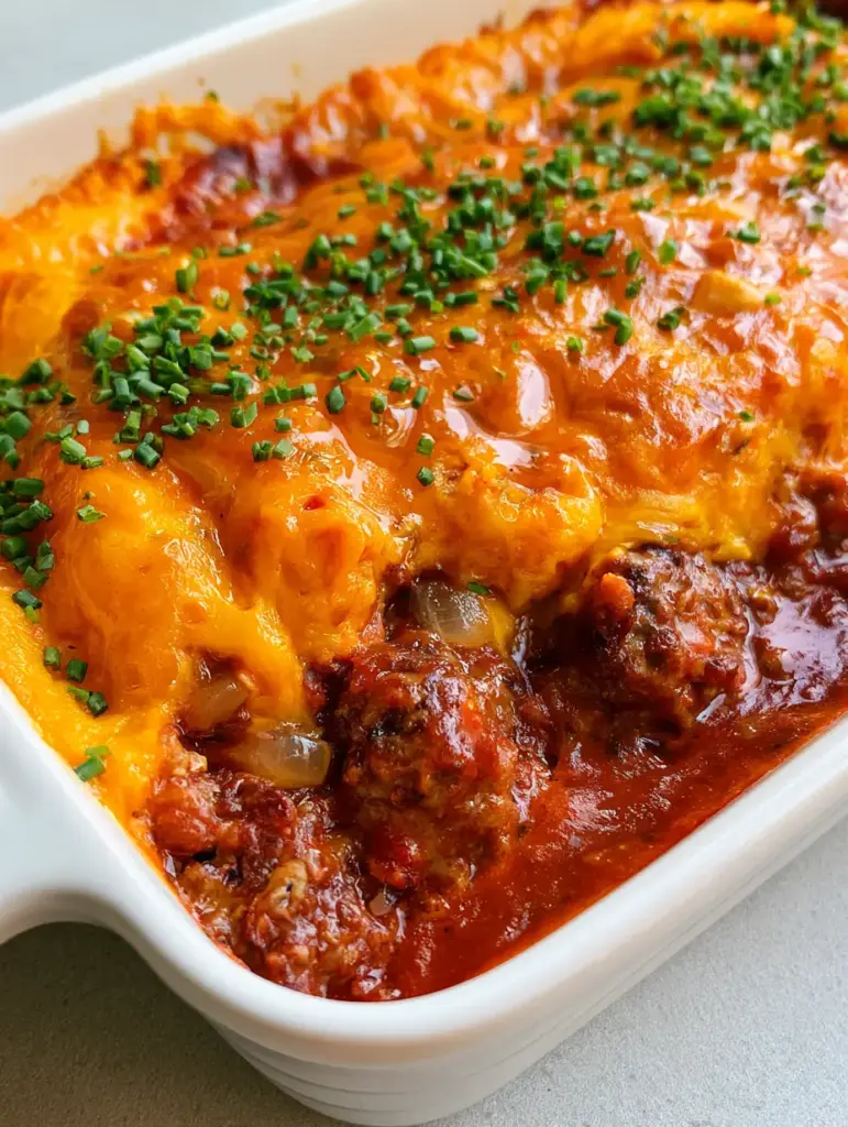 Cheesy Meatloaf Casserole with a Glossy Tomato Glaze 1 Spoon lifting a portion of Cheesy Meatloaf Casserole showing the glossy red tomato glaze and savory beef.