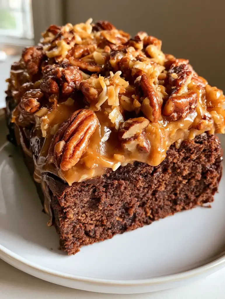 German Chocolate Pecan Pound Cake: The Ultimate Moist and Decadent Loaf 1 A handheld slice of German Chocolate Pecan Pound Cake on a white plate in natural daylight.