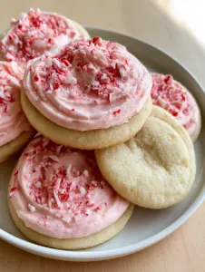 Close up shot showing the dense cake-like texture of Peppermint Sugar Cookies with pink buttercream.