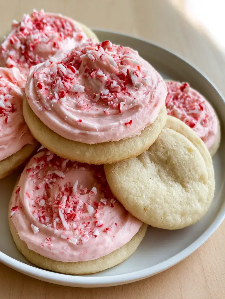 Peppermint Sugar Cookies with Thick Pink Buttercream Frosting 2 Close up shot showing the dense cake-like texture of Peppermint Sugar Cookies with pink buttercream.