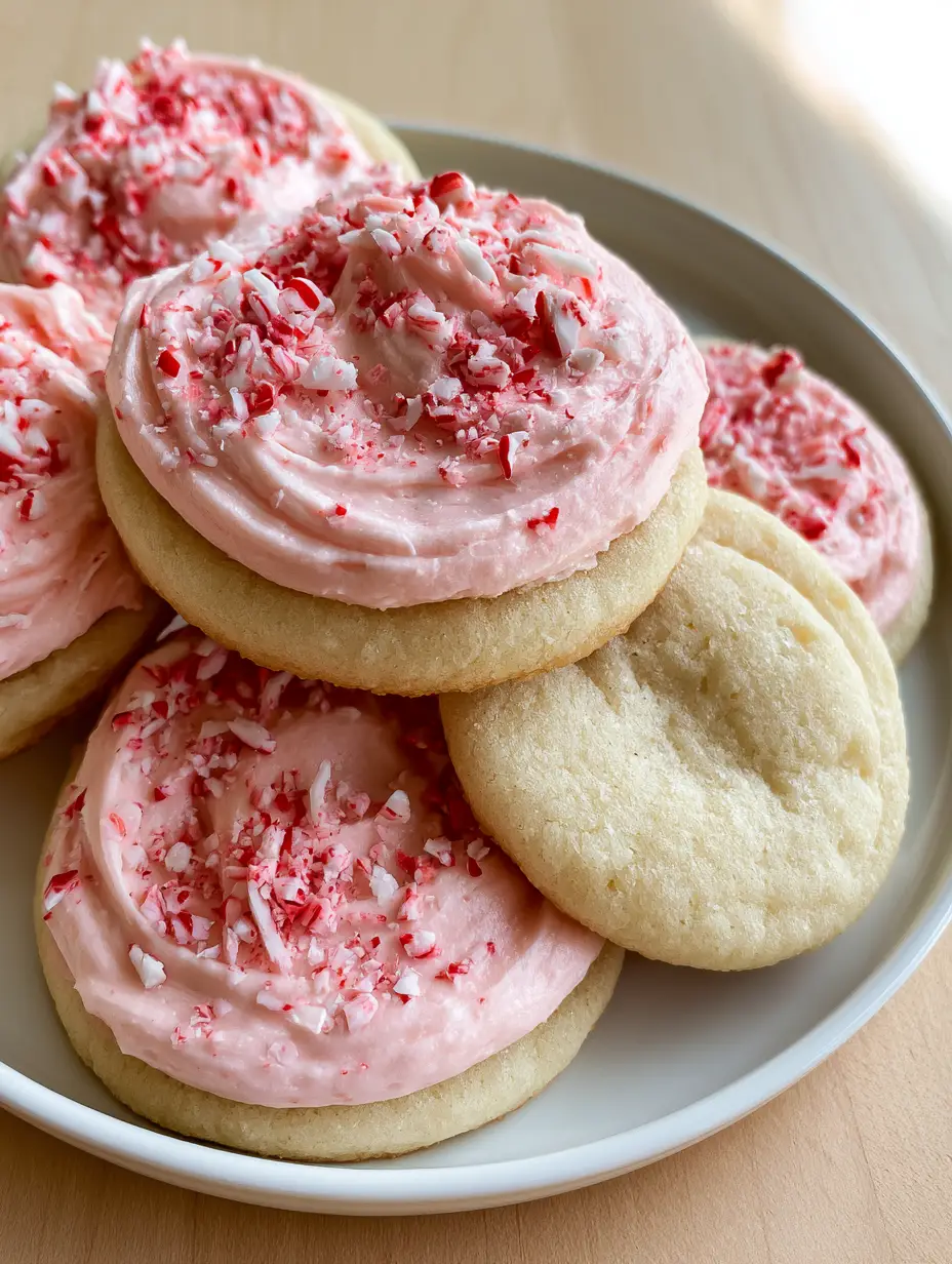Peppermint Sugar Cookies with Thick Pink Buttercream Frosting 3 Close up shot showing the dense cake-like texture of Peppermint Sugar Cookies with pink buttercream.