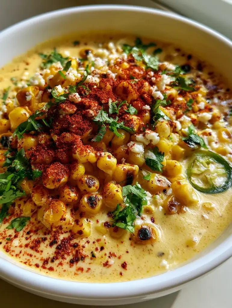 Overhead view of Mexican Street Corn Chowder garnished with fresh green cilantro and white crumbled cotija cheese.