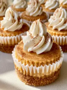 Close up of Mini Pumpkin Cheesecake Bites showing the dense buttery golden-brown pressed graham cracker crust and smooth pumpkin filling.