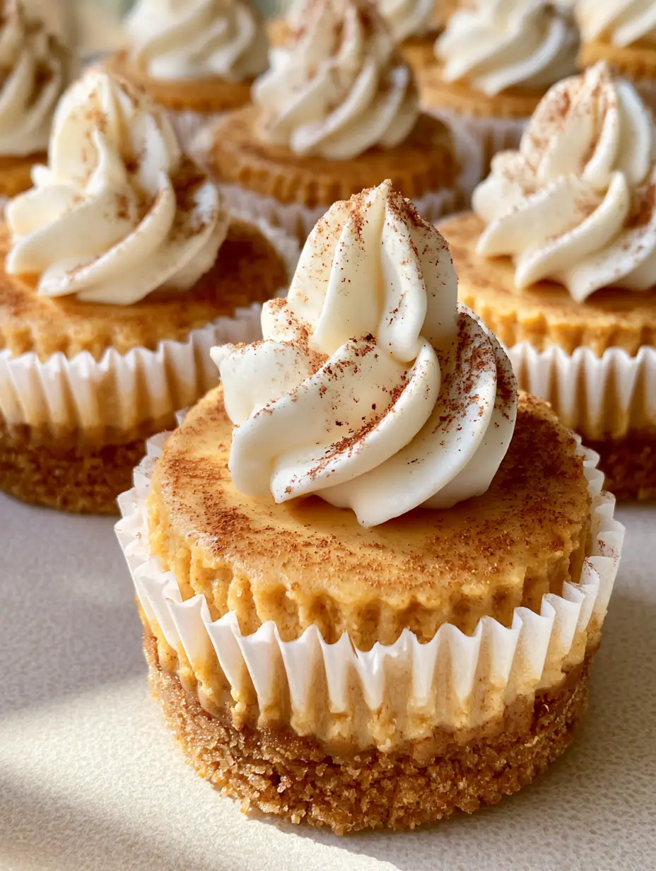 Close up of Mini Pumpkin Cheesecake Bites showing the dense buttery golden-brown pressed graham cracker crust and smooth pumpkin filling.