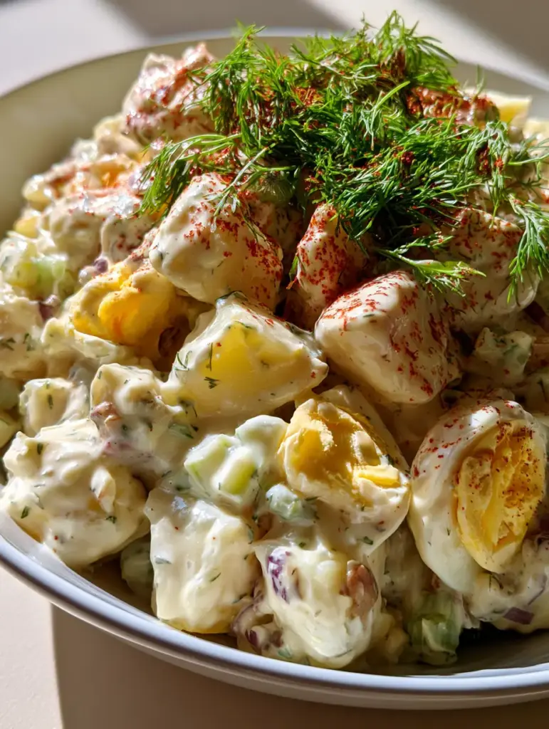Top view of Classic Creamy Potato Salad garnished with vibrant green dill and red paprika dusting.