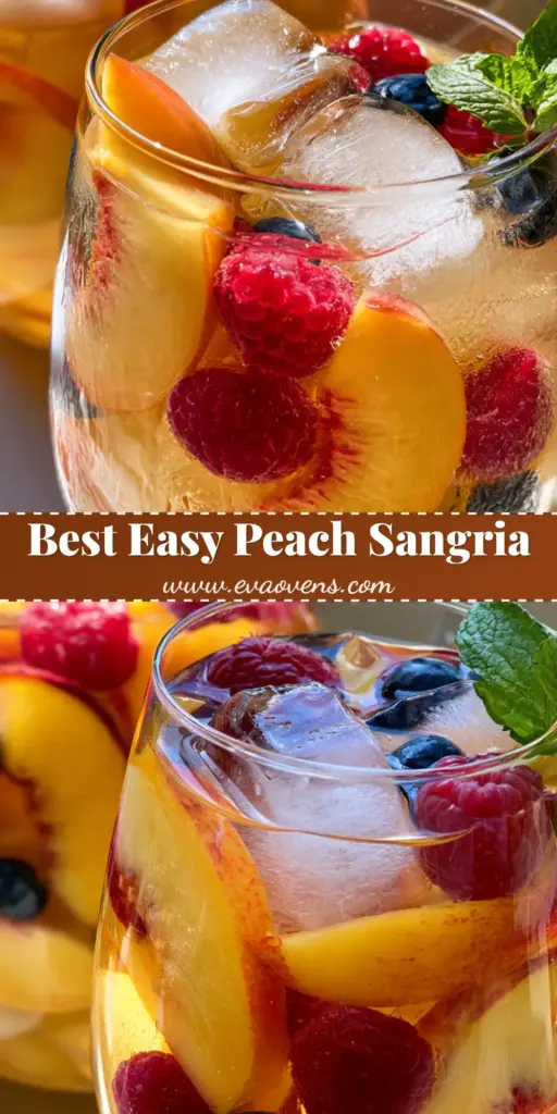 Peach Moscato Sangria: The Ultimate Refreshing Summer Cocktail 3 A tall glass pitcher and a wine glass filled with golden Peach Moscato Sangria, featuring thick peach slices, red raspberries, blueberries, and fresh mint garnish.