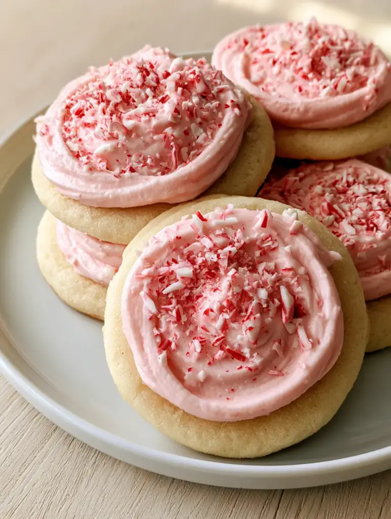 Peppermint Sugar Cookies with Thick Pink Buttercream Frosting 1 Overhead view of Peppermint Sugar Cookies garnished with red and white candy cane pieces.