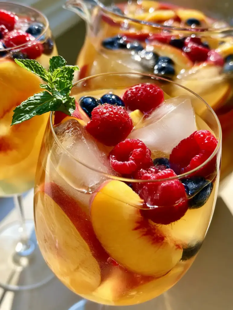 Peach Moscato Sangria: The Ultimate Refreshing Summer Cocktail 1 A glass pitcher filled with Peach Moscato Sangria, displaying layers of blueberries, raspberries, and thick yellow peach slices in natural daylight.