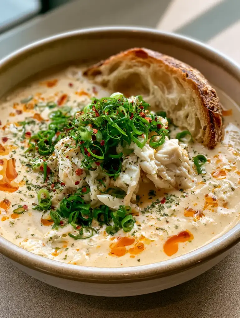 Creamy Crab Stew Recipe: The Ultimate Silky Seafood Comfort Bowl 1 Close up of a spoonful of Creamy Crab Stew with scallions and chili flakes.