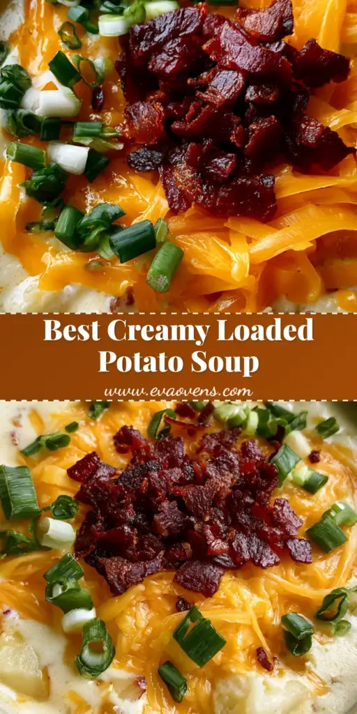 A rustic ceramic bowl of Loaded Potato Soup topped with melting orange cheddar, crispy dark reddish-brown bacon, and fresh green onions.