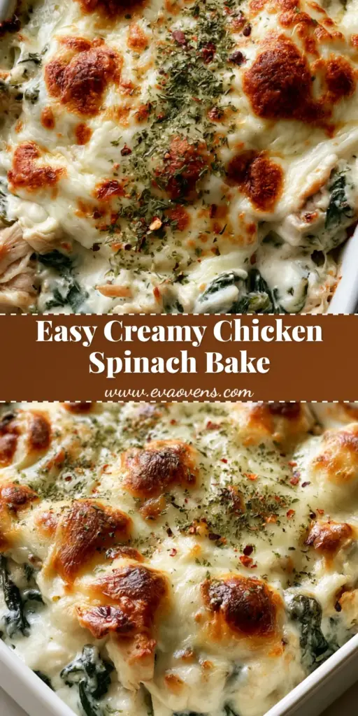 Chicken and Spinach Casserole with Bubbly Mozzarella 3 A creamy Chicken and Spinach Casserole in a white ceramic dish with bubbly toasted mozzarella cheese and red pepper flakes.
