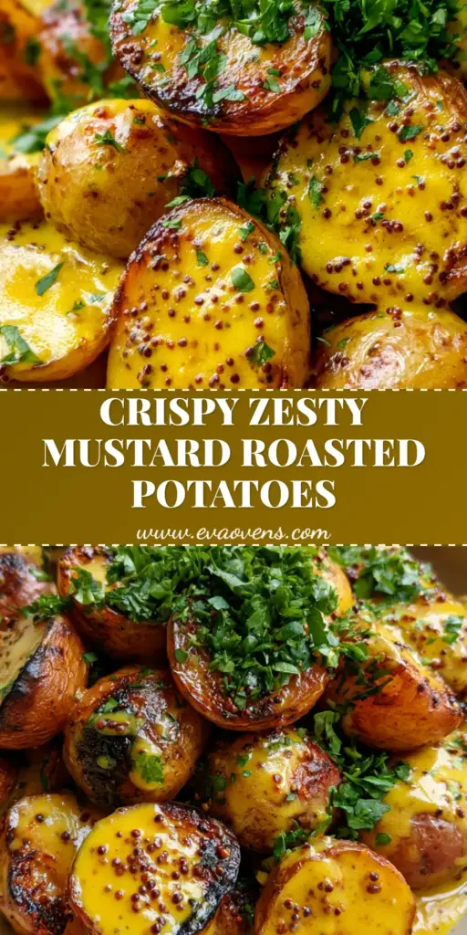 Mustard Roasted Potatoes with a Zesty Whole Grain Glaze 4 A handheld smartphone photo of roasted baby gold potatoes cut in half, piled in a simple off-white ceramic bowl, coated in thick yellow mustard glaze with whole grain seeds and fresh parsley. (Mustard Roasted Potatoes)