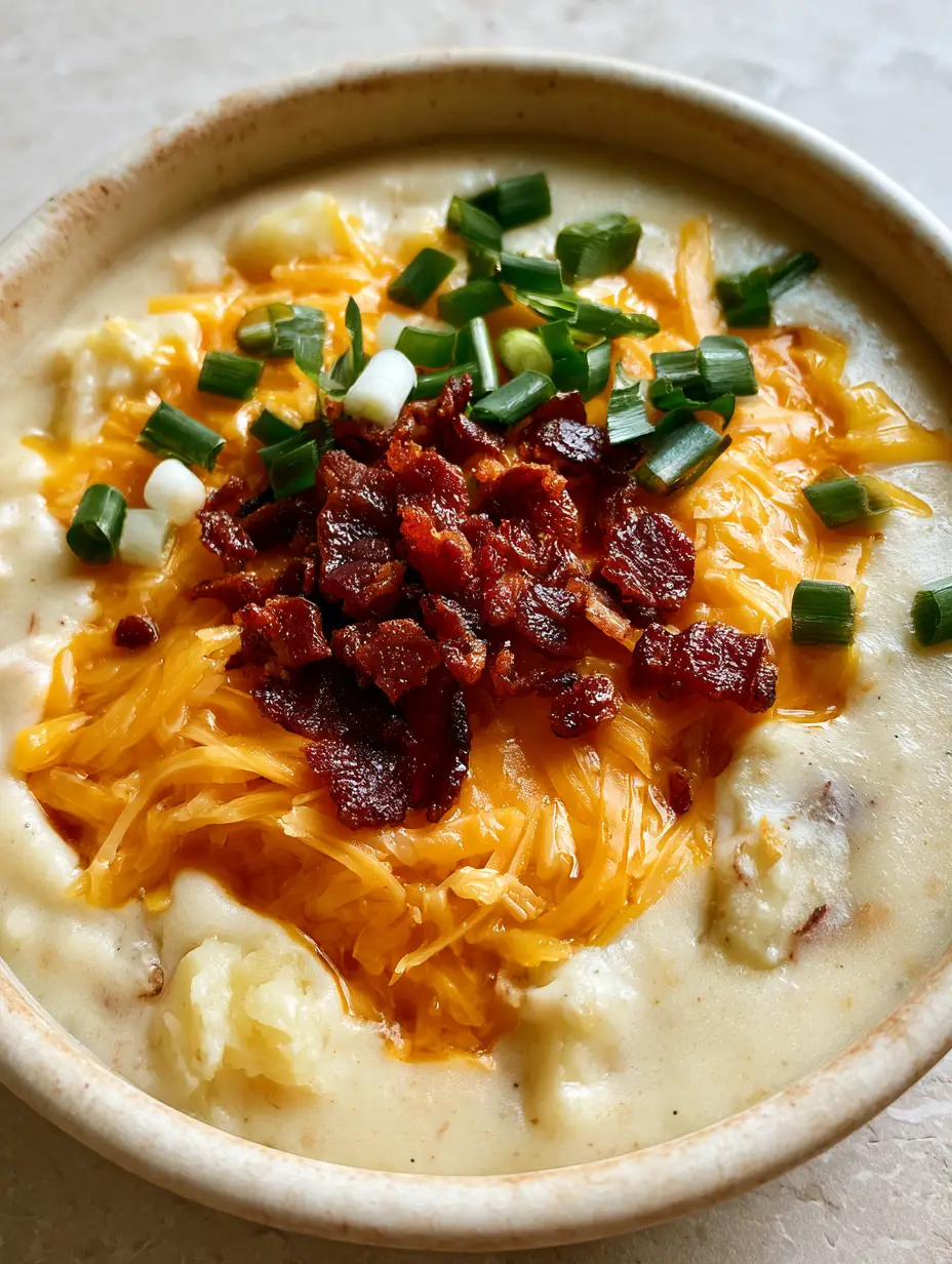 Close-up of thick, velvety Loaded Potato Soup with visible boiled potato chunks and melted sharp orange cheddar.