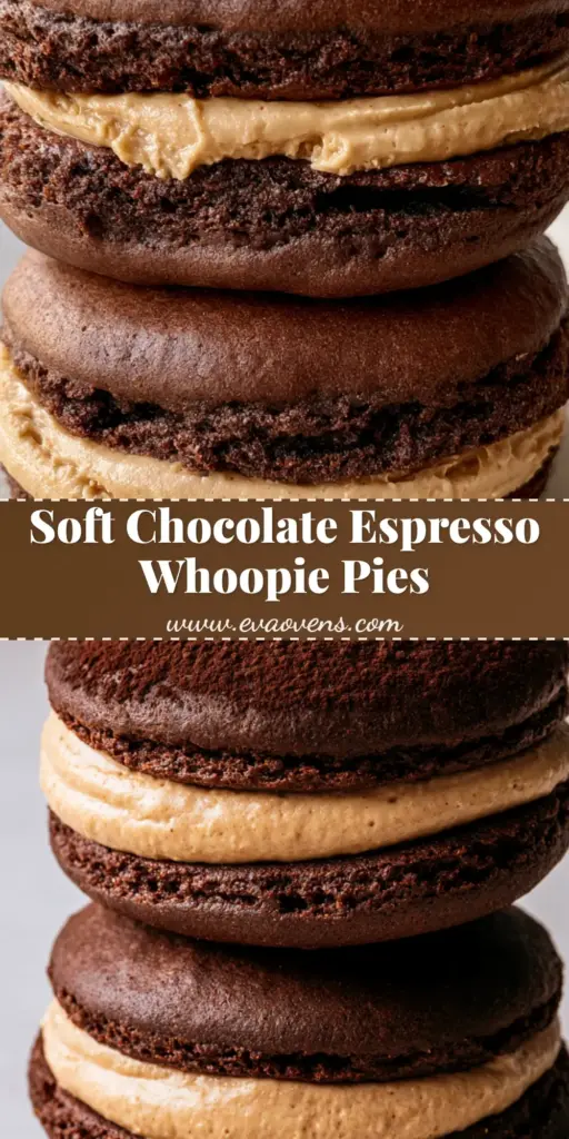 A vertical stack of two Chocolate Coffee Whoopie Pies with thick espresso cream filling and a cocoa powder dusting on a grey surface.