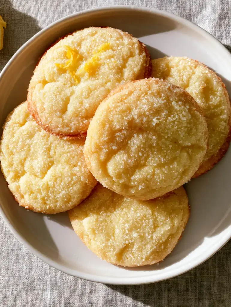 Top-down view of five circular Soft Lemon Sugar Cookies with heavy granulated sugar coating and pale yellow bake on a white ceramic plate.