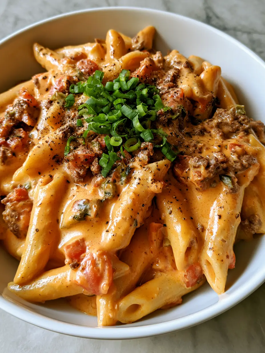 Rotel Pasta with Ground Beef: The Ultimate Creamy 30-Minute Dinner 3 A handheld smartphone photo of a white bowl filled with creamy Rotel pasta with ground beef on a marble countertop.