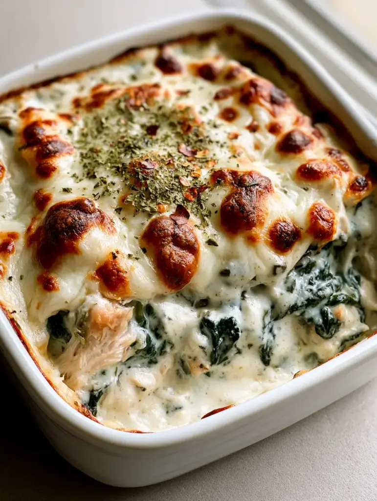 Chicken and Spinach Casserole with Bubbly Mozzarella 2 Close up of shredded chicken and dark green spinach in a thick white cream sauce. (Chicken and Spinach Casserole)