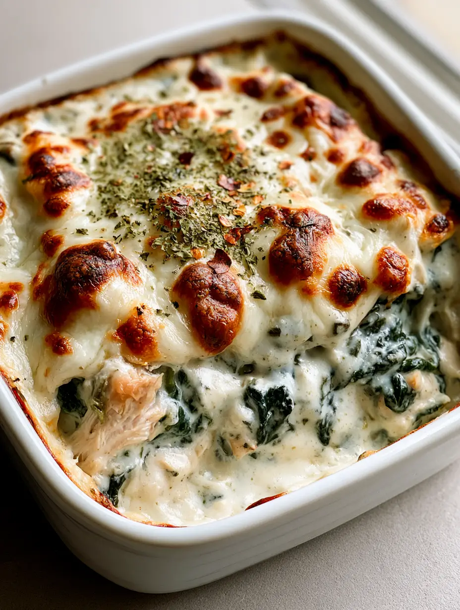Chicken and Spinach Casserole with Bubbly Mozzarella 4 Close up of shredded chicken and dark green spinach in a thick white cream sauce. (Chicken and Spinach Casserole)
