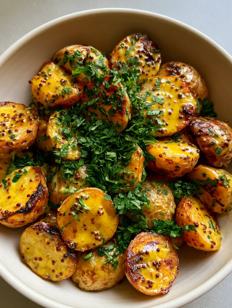 Mustard Roasted Potatoes with a Zesty Whole Grain Glaze 3 Close up of crispy golden-brown baby gold potatoes with a thick mustard butter glaze and fresh parsley. (Mustard Roasted Potatoes)