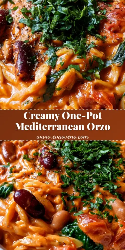 One-Pot Mediterranean Orzo: A Creamy 30-Minute Meatless Dinner 4 A 45-degree angle shot of a white bowl filled with creamy One-Pot Mediterranean Orzo, kidney beans, pinto beans, and wilted spinach in a vibrant orange-red sauce.
