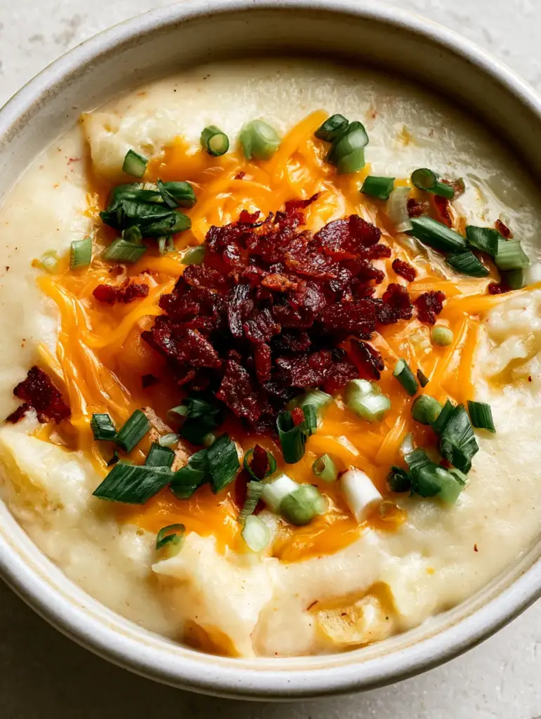 A bowl of Loaded Potato Soup garnished with dark reddish-brown bacon bits and chopped green onions on a light gray stone surface.