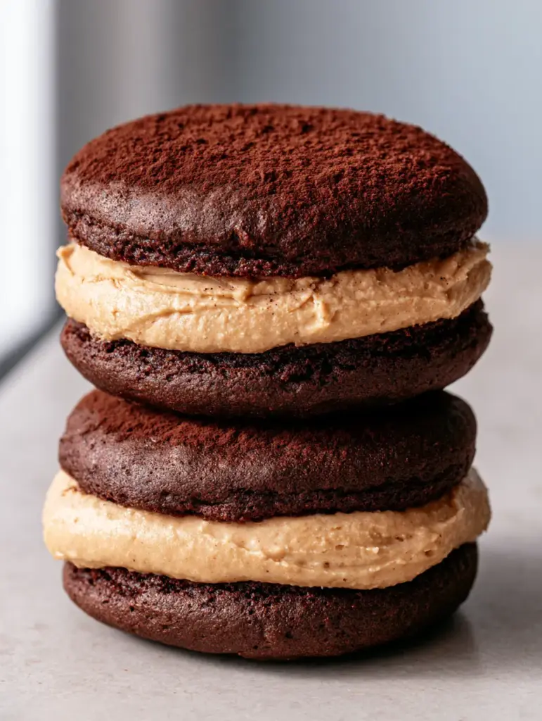 Close up of Chocolate Coffee Whoopie Pies showing the moist, porous cake texture and pale tan espresso cream.