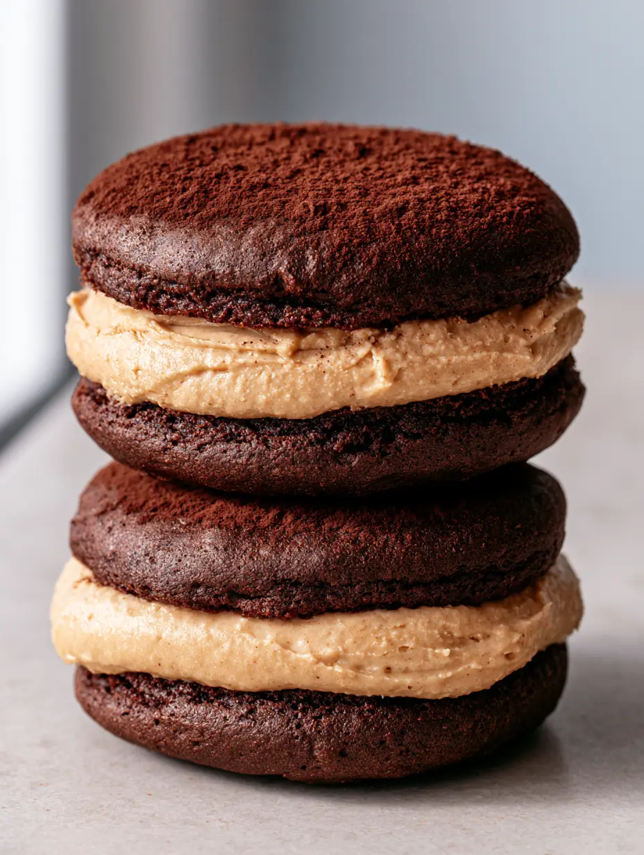 Close up of Chocolate Coffee Whoopie Pies showing the moist, porous cake texture and pale tan espresso cream.