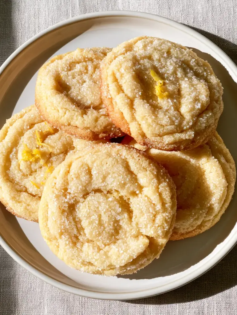 Soft Lemon Sugar Cookies with Crinkle Tops and Zest 1 Close-up of Soft Lemon Sugar Cookies showing fresh yellow lemon zest pieces on top of a sparkling sugar-crusted surface.