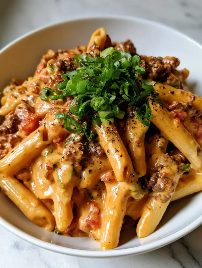 Rotel Pasta with Ground Beef: The Ultimate Creamy 30-Minute Dinner 1 Overhead view of penne pasta coated in orange cheese sauce with diced tomatoes and browned beef crumbles.