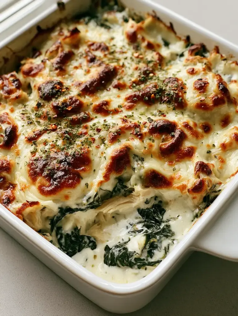 Chicken and Spinach Casserole with Bubbly Mozzarella 1 Top view of a white ceramic baking dish featuring Chicken and Spinach Casserole with golden brown cheese spots.