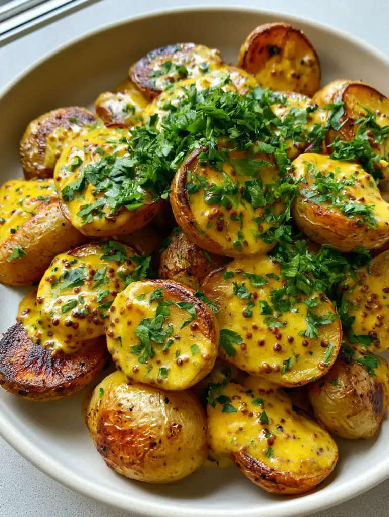Mustard Roasted Potatoes with a Zesty Whole Grain Glaze 1 Roasted halved potatoes in an off-white bowl with vibrant yellow mustard glaze and green parsley garnish.