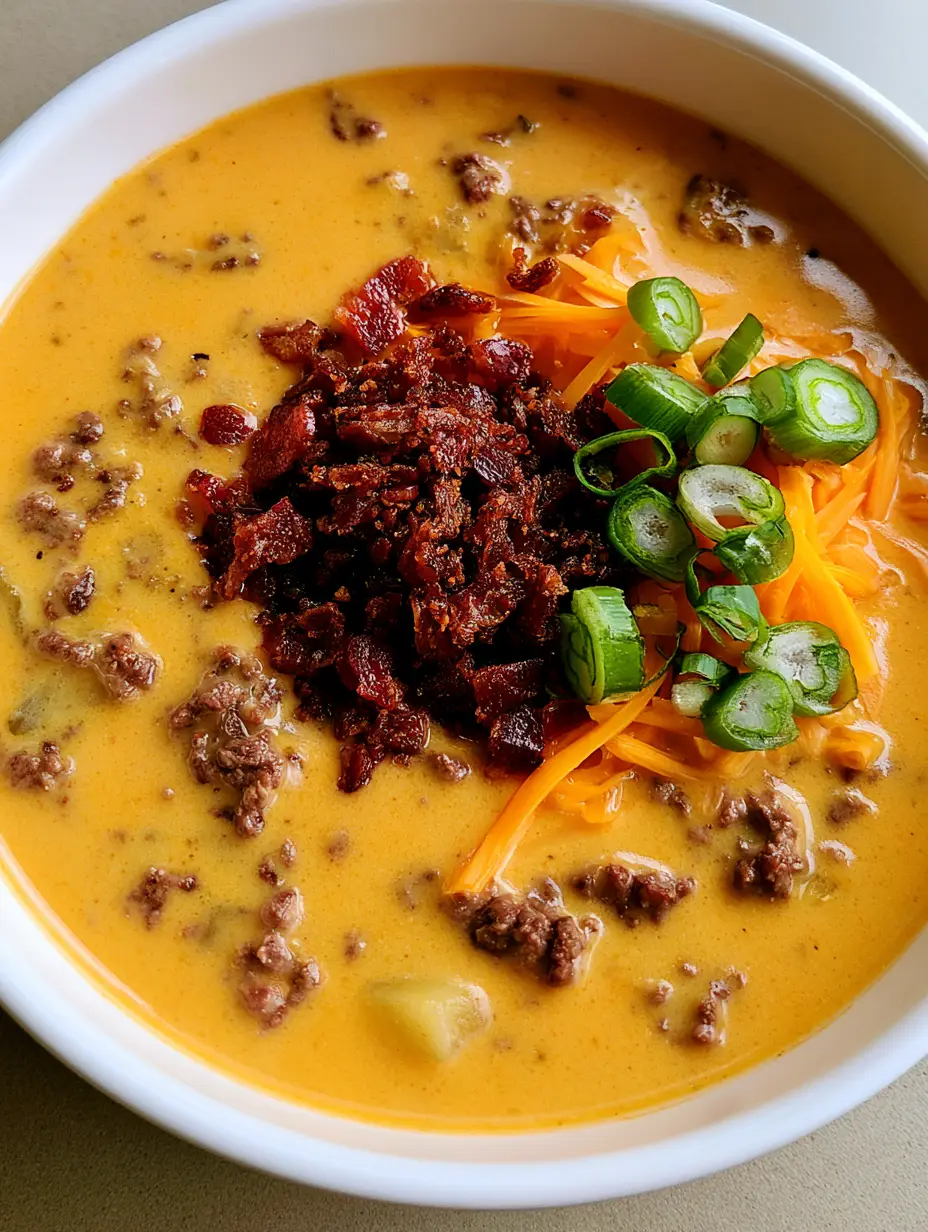 Close-up of Bacon Cheeseburger Soup showing the rich orange-yellow cheese broth and finely crumbled ground beef.