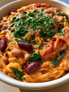 Close up of One-Pot Mediterranean Orzo showing the texture of kidney beans and pinto beans in a creamy tomato sauce.