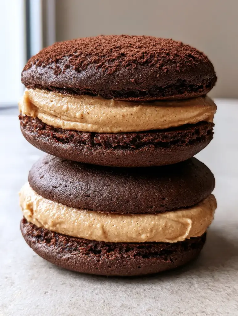 Two Chocolate Coffee Whoopie Pies stacked with a perfectly piped smooth layer of espresso-infused cream filling.