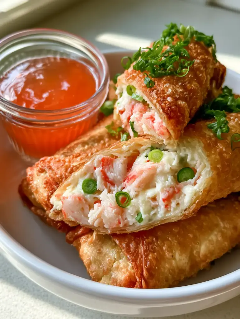 Crab Rangoon Egg Rolls: The Ultimate Crispy Party Appetizer 1 Crab Rangoon Egg Rolls served in a white bowl with a side of vibrant orange-red sweet and sour sauce.
