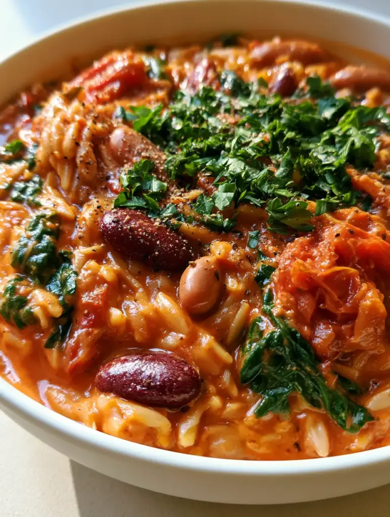 One-Pot Mediterranean Orzo: A Creamy 30-Minute Meatless Dinner 1 Handheld smartphone photo of a white bowl of One-Pot Mediterranean Orzo with parsley and black pepper garnish.
