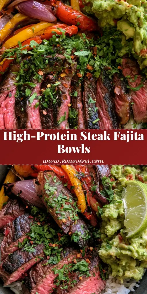 Steak Fajita Meal Prep with Charred Peppers and Avocado 4 A colorful Steak Fajita Meal Prep bowl with sliced steak, charred peppers, and avocado on a neutral stone background.