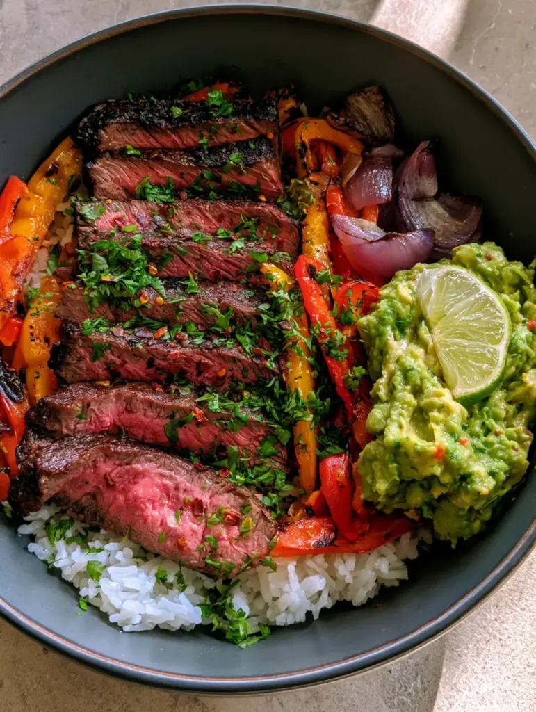 Steak Fajita Meal Prep bowl showing steaming white rice topped with medium-rare seared steak and charred red bell peppers.