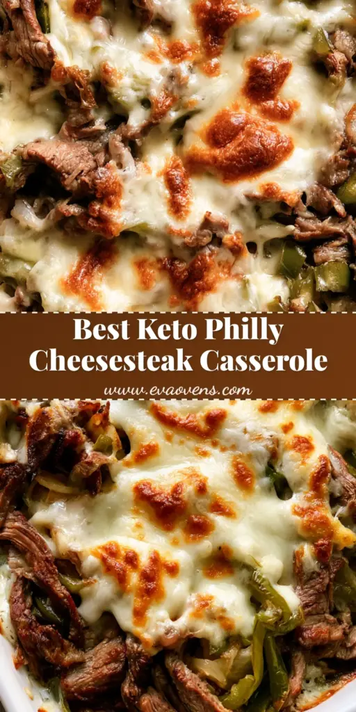 A top-down view of Keto Philly Cheesesteak Casserole in a white ceramic dish featuring melted bubbly provolone and seared ribeye strips.