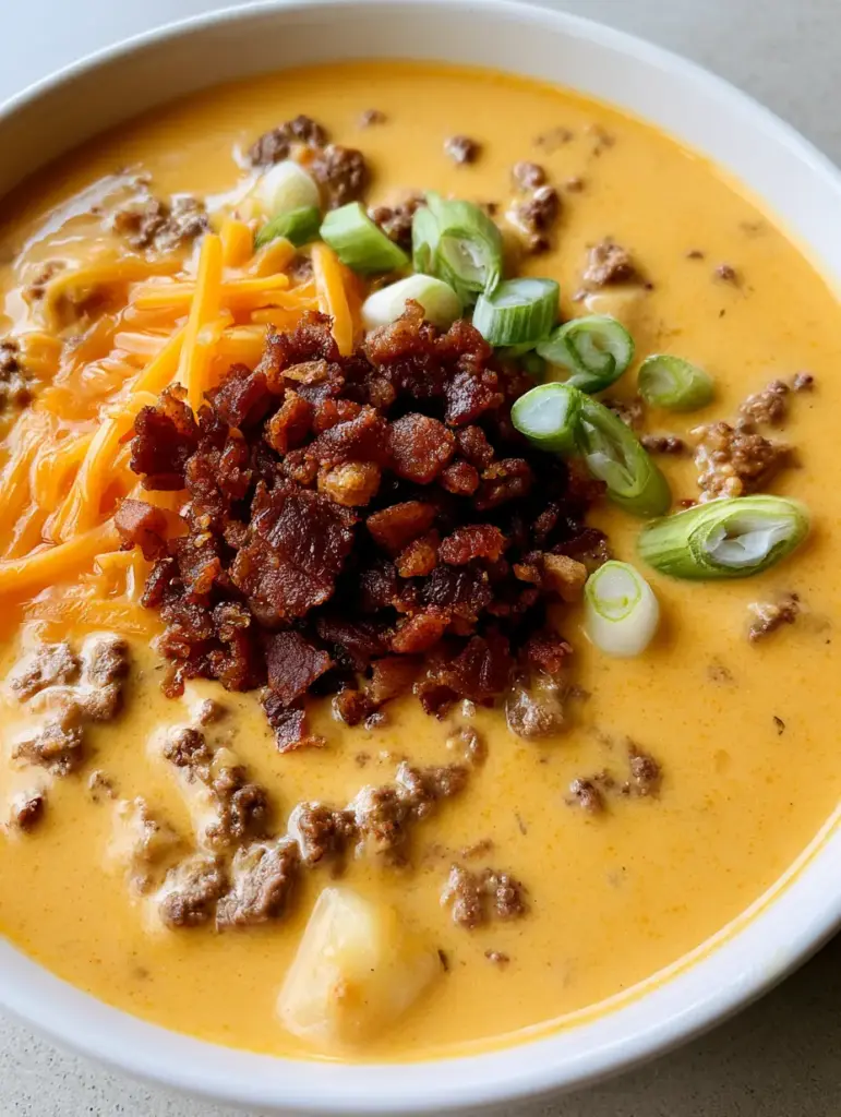 A bowl of Bacon Cheeseburger Soup garnished with a centered pile of dark brown bacon and sliced green onions.