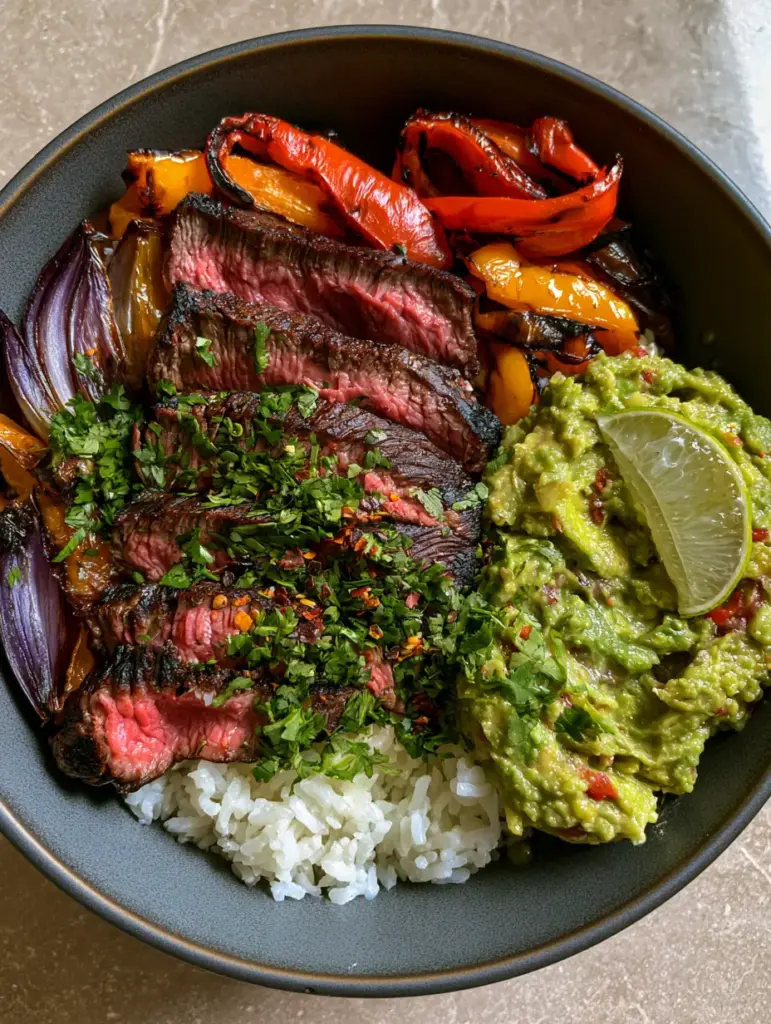Steak Fajita Meal Prep with Charred Peppers and Avocado 1 Healthy Steak Fajita Meal Prep bowl with chunky mashed avocado, fresh lime, and cilantro garnish.